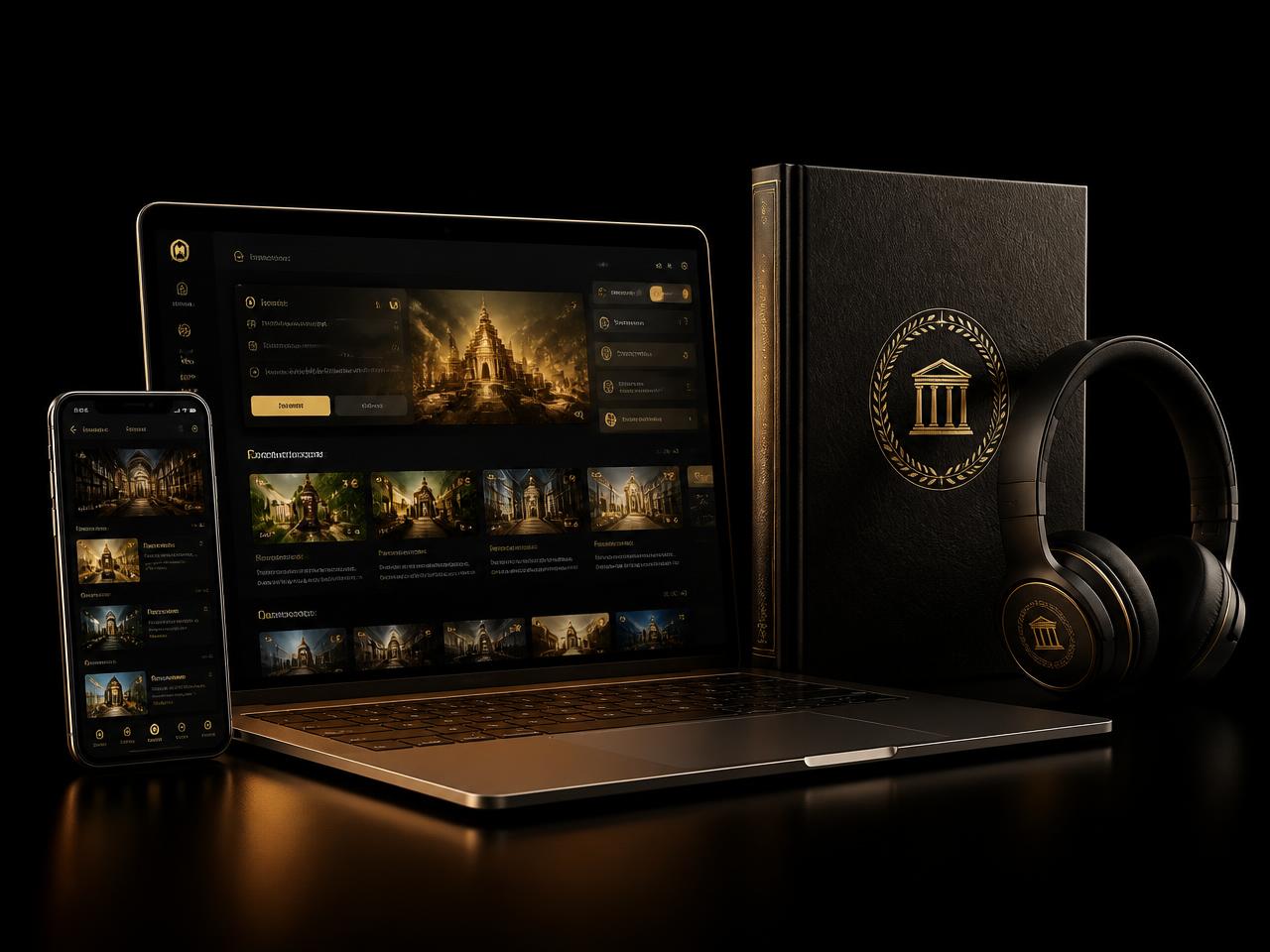 The Rich Library shown on a laptop, phone, eBook and headphones